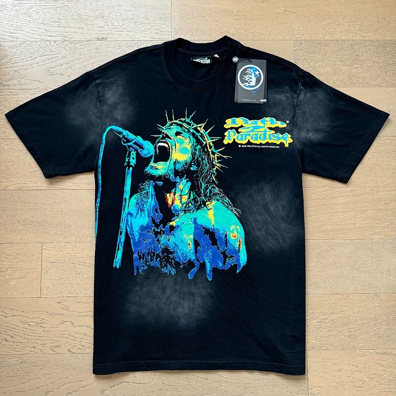 Men’s Hell Studios star Hip hop Angel Devil Singing tee washed T-shirt