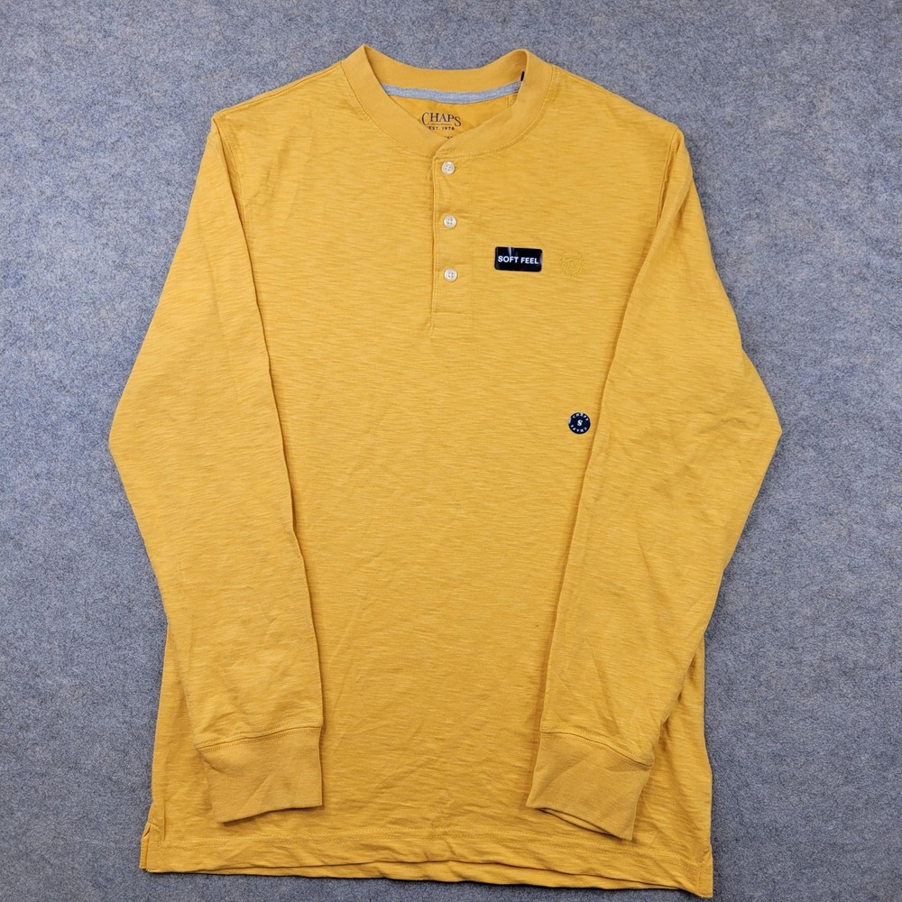 Chaps Shirt Mens Small Yellow Long Sleeve Henley Soft Feel Tagless Jersey Tee