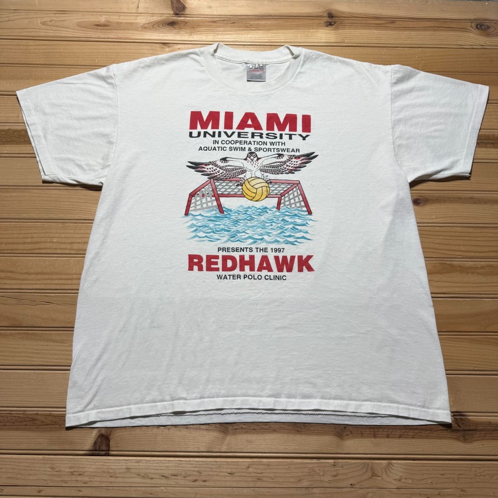 Vintage 1997 Miami University Redhawk Aquatic Swim Water Polo Clinic T-Shirt XL