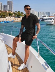Men’s Tracksuit 2 Piece Polo Athletic Sweatsuit Zip Polo and Shorts Sets Shor…