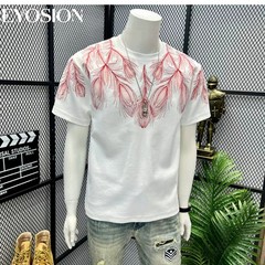 Men Embroidery Peacock Feathers T-Shirt Casual Short Sleeve Crewneck Cotton Tee