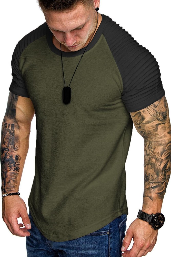 Men’s Muscle T-Shirt Pleated Raglan Sleeve Bodybuilding Gym Tee Short Sleeve …