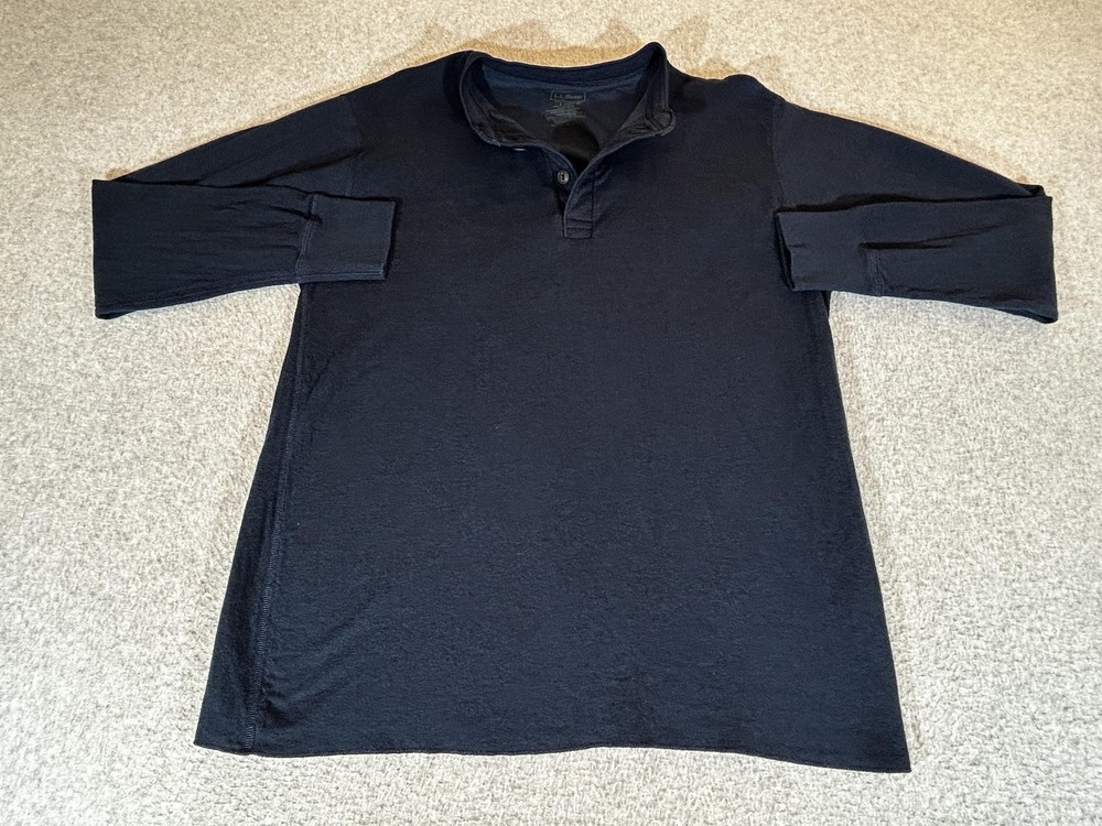 LL Bean Shirt Mens Large Blue Long Sleeve Henley Wool Blend Base Layer Outdoor
