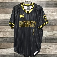 DC Batman Gotham City B. Wayne #1 Jersey Shirt Men’s L Black Pinstripe BoxLunch