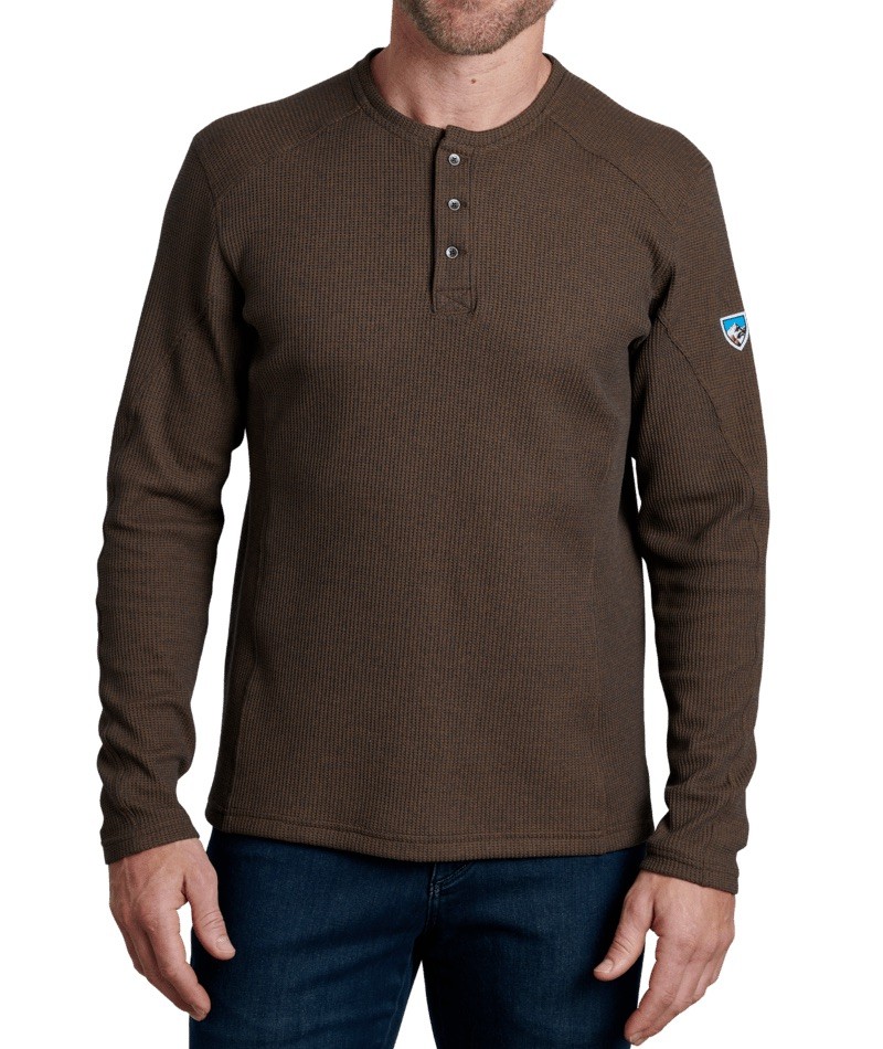 KUHL Konflikt Henley Shirt Mens Small Long Sleeve Brown Waffle Pullover