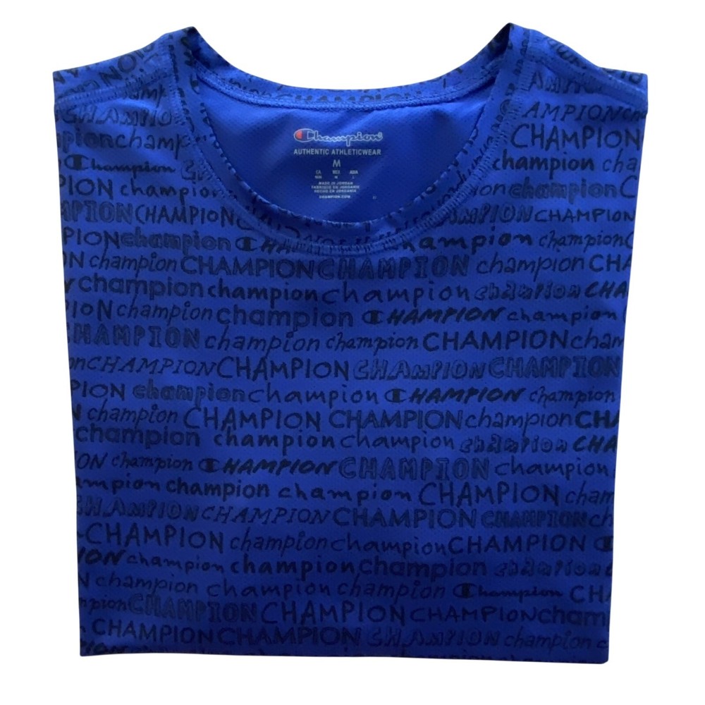 Champion T-Shirt Men’s Medium Crew Neck Mesh Fabric Signature Logo Blue NEW