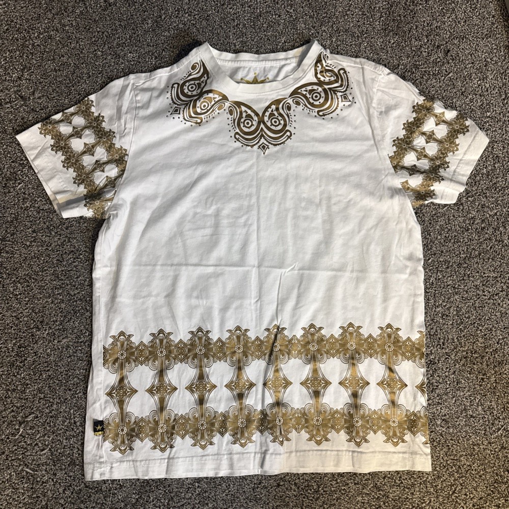Maxi Milian Men’s Gold Boroque Style Trimmed Tee T-shirt w/ Jeweled Neckline (L)