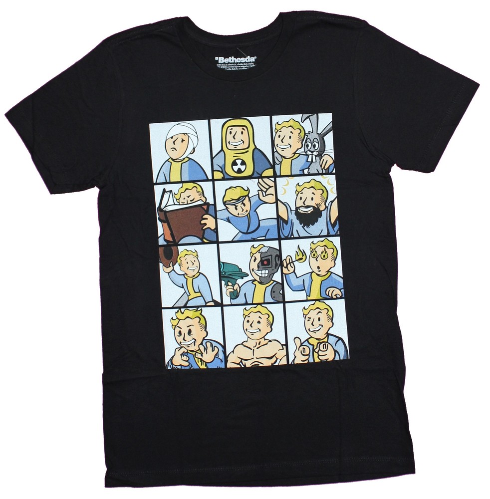 Fallout Mens T-Shirt – Pip Vault Boy Nine Box Actvities Images