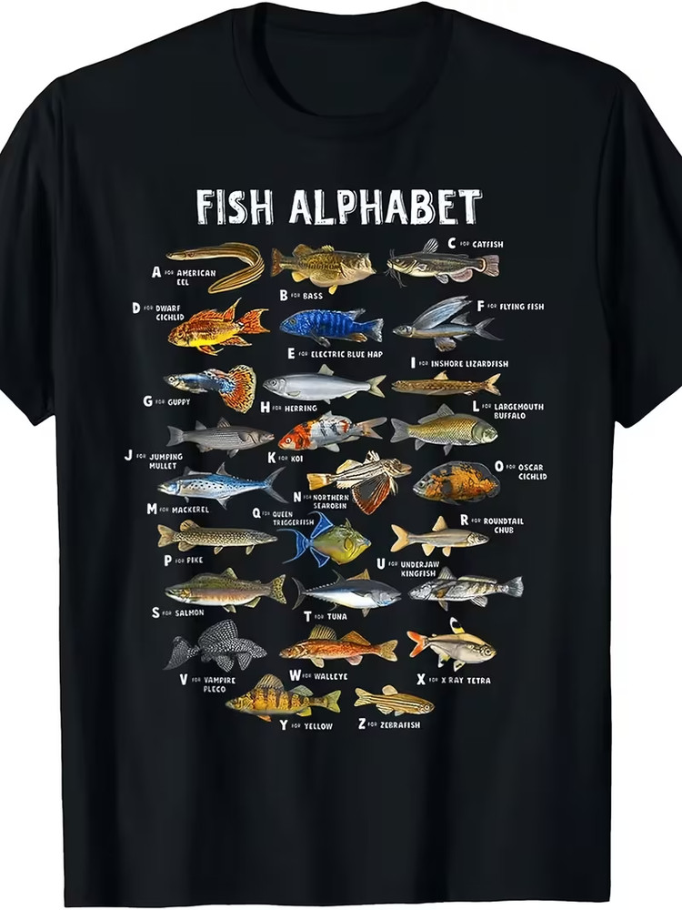 Funny Educational Fish Alphabet Chart Graphic T-Shirt for Men Fisherman Novelty