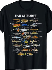 Funny Educational Fish Alphabet Chart Graphic T-Shirt for Men Fisherman Novelty