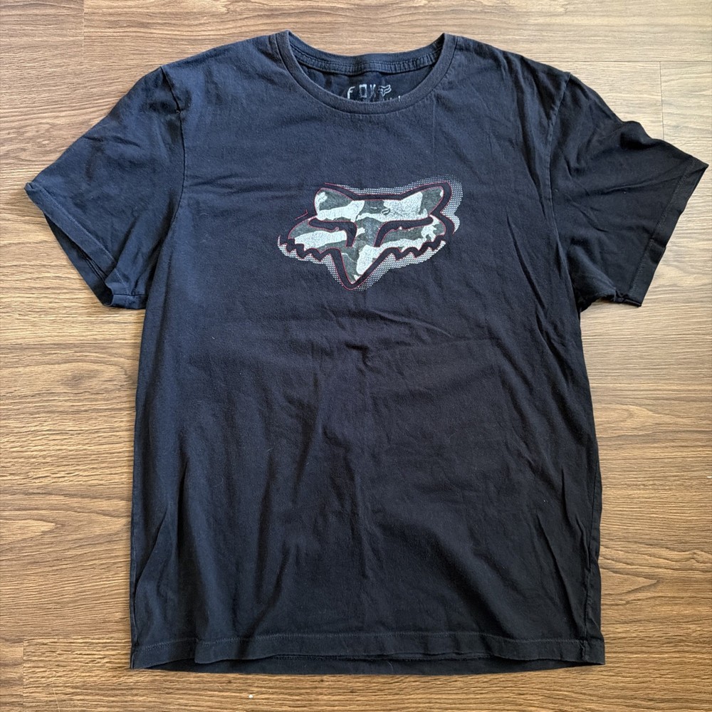 Mens Black Fox Racing Vintage Y2k Graphic T Shirt Short Slv L Motocross Grunge