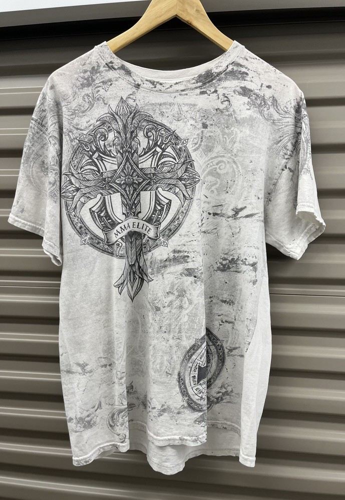MMA Elite T-Shirt XL White Black Cross Vintage Y2K AOP Affliction style