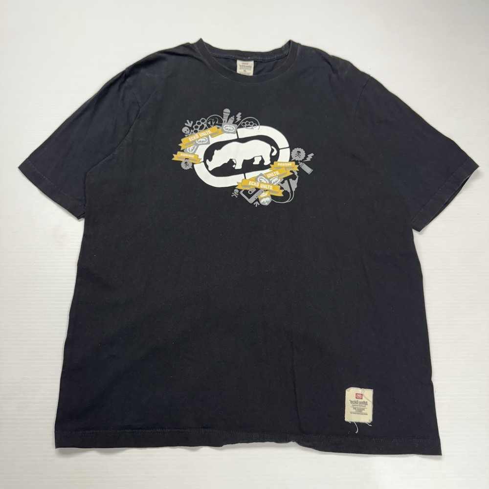 Vtg Ecko UNLTD Mens Shirt XL Black Big Logo Punk Rhino Retro Skater Y2K Grunge