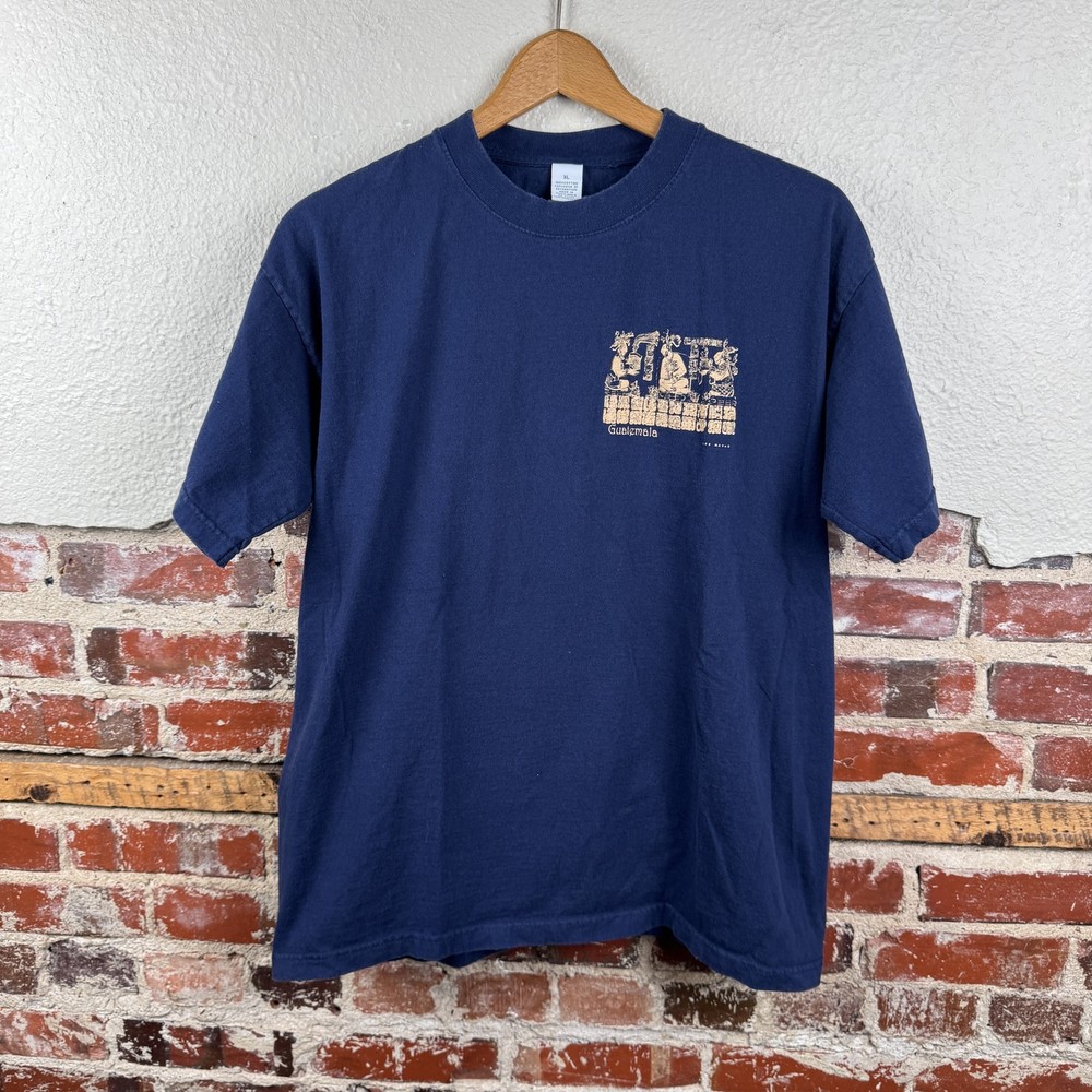 Vintage Guatemala Shirt Mens XL Blue Los Mayas Ancient Art Graphic Tee Cotton