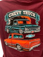 1967-72 Chevy C10 Pickup T-Shirt – Maroon w/ Orange & Teal Trucks (Licensed)
