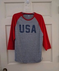 Old Navy Mens USA Raglan Baseball Tee Gray Red 3/4 Sleeve Size L