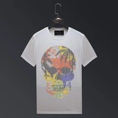 New Fashion Trend Skull Rhinestone Short Sleeve Luxury Men Black White T-Shirt