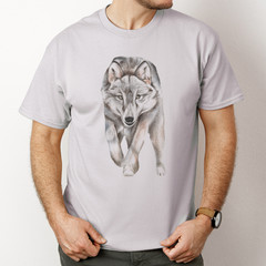 Running Wolf Shirt Realistic Wolf Illustration Wildlife Art Tshirt gray