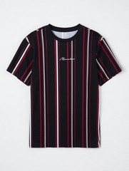 SHEIN Men’s Black Red White Striped Logo T-Shirt Slim Fit Crew Neck Size M