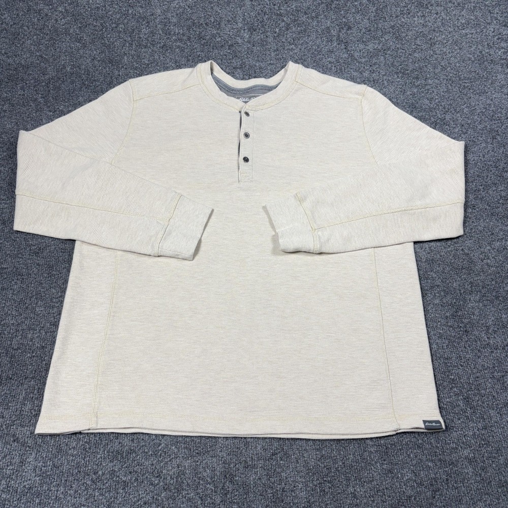 Eddie Bauer Henley Shirt Mens XL Beige Long Sleeve Waffle Knit Thermal Tagless