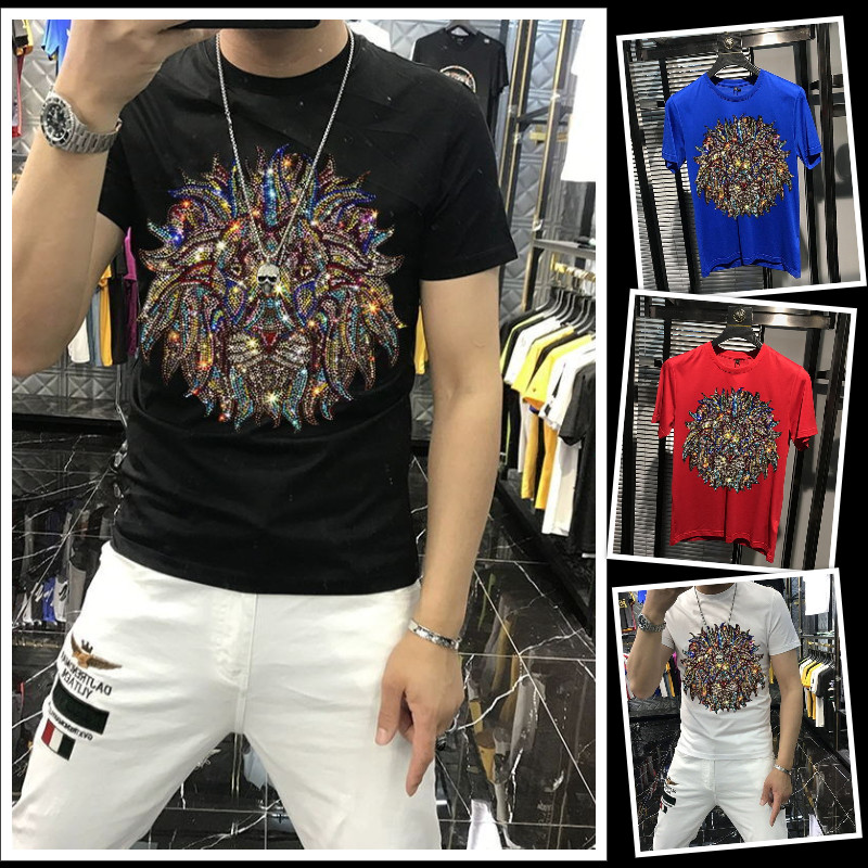 New Fashion Lion Trend Rhinestones Short Sleeve Summer Luxury Men T-Shirt