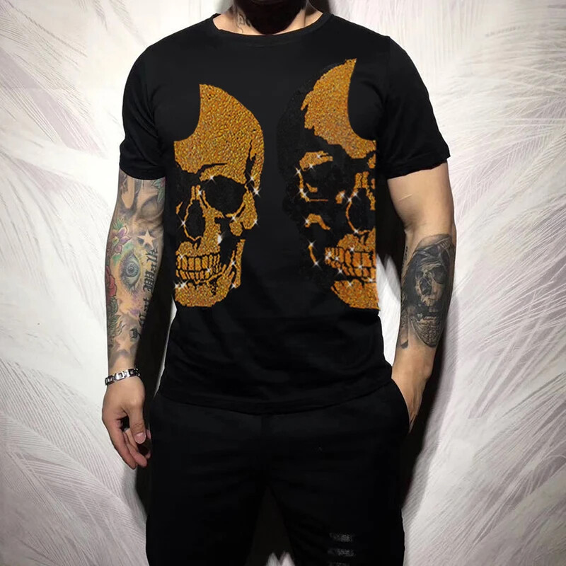 New Hot Drilling Fashion Skull Rhinestone Summer Luxury Men Cotton Black T-Shirt