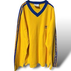 80s Vintage Adidas Trefoil 3-Stripe Long Sleeve V-Neck Tee Yellow L
