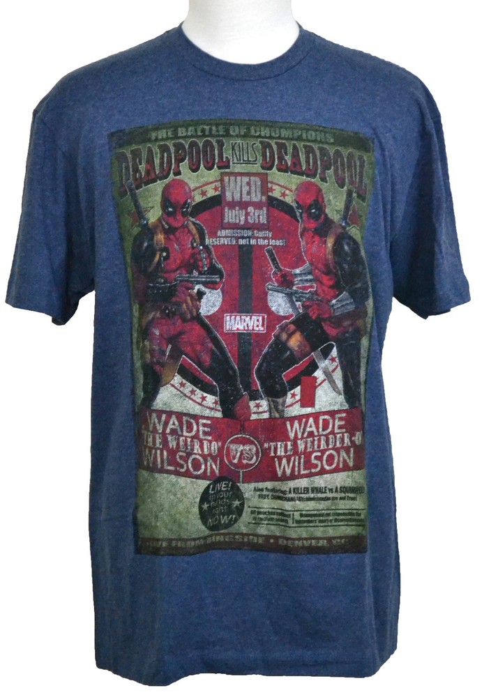 Deadpool Match Poster T-shirt Marvel Comics Superhero Graphic Tee Hthr Blue NWT