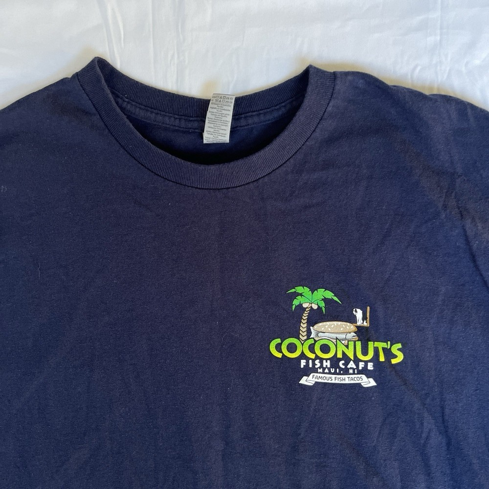 Maui Hawaii Shirt L Navy Coconuts Fish Cafe Tacos Kihei Poke Happy Hour 3250