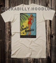 Retro Travel Tee T Shirt Pinup Girl California State Santa Monica