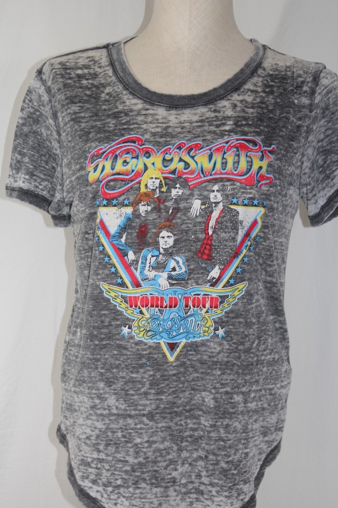 Aerosmith Womens World Tour T-Shirt Size Medium Multicolor Graphic Gray Burnout