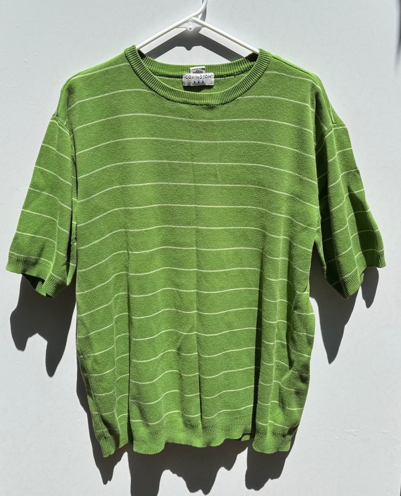 Covington Men Size M Classic Green Casual Knit Short Sleeve Shirt Stripes
