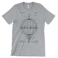 Hot Air Balloon Patent T-Shirt.100% Cotton Comfy Tee on Black White or Gray. NEW
