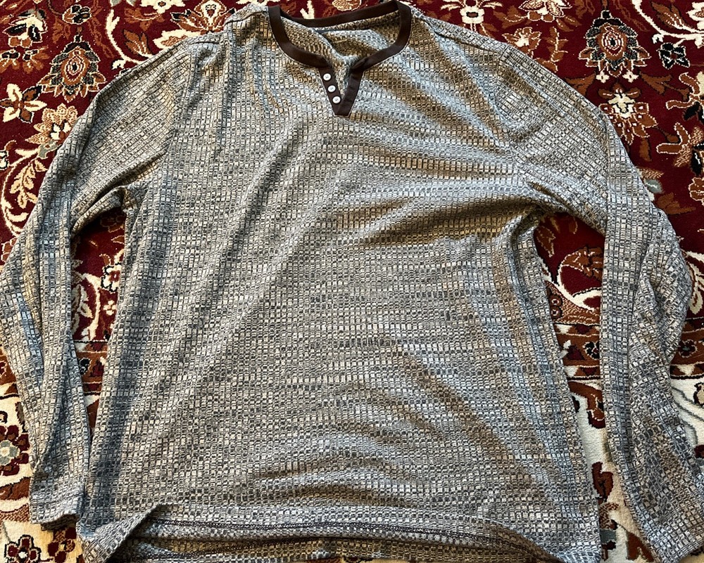 ALFANI Mens Textured 3-ButtoPullover – Grey/Brown Heather – Long Sleeve – Large