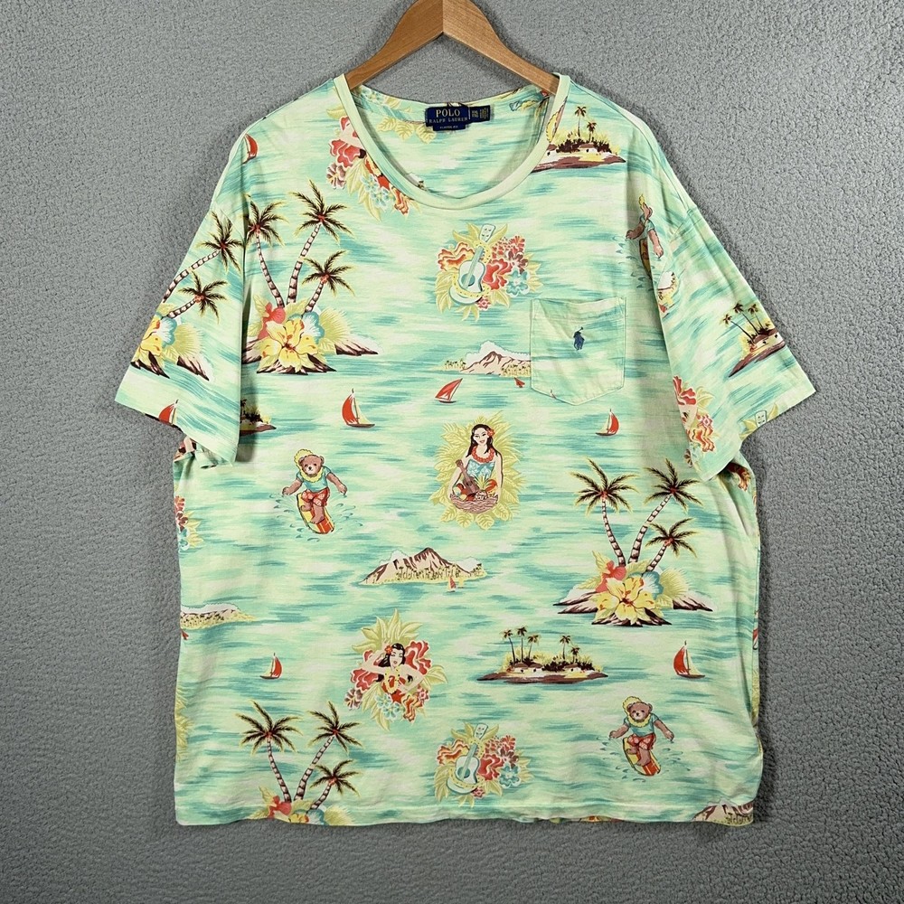 Polo Ralph Lauren Hawaiian Shirt Mens 2XL Green Hula Girl Surf Bear Tropical Tee