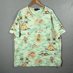 Polo Ralph Lauren Hawaiian Shirt Mens 2XL Green Hula Girl Surf Bear Tropical Tee