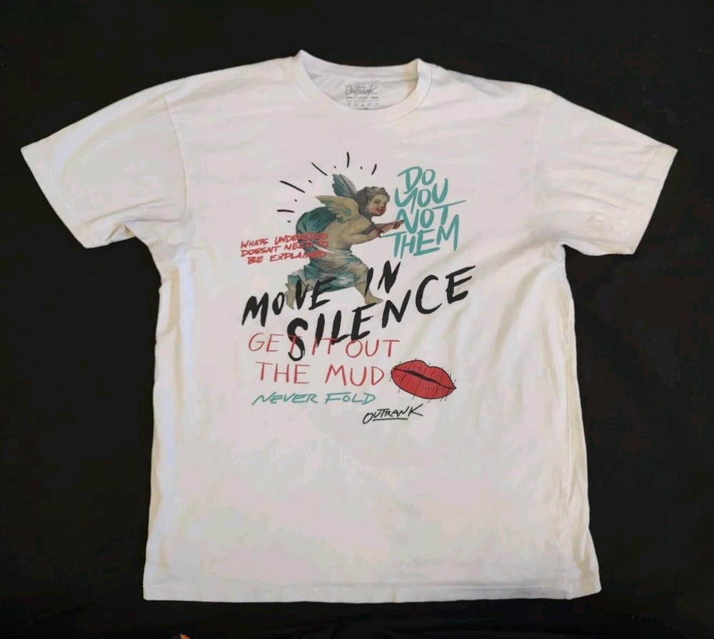 Outrank Tee Move in Silence Art Graphic Collage Script White Shirt Men’s Sz L