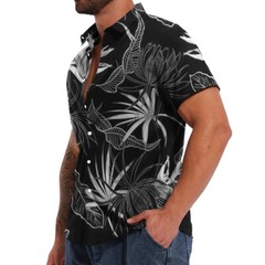 Button Down Shirts Men Black White Hawaiian Dress Short Sleeve Party Up Soft Tee