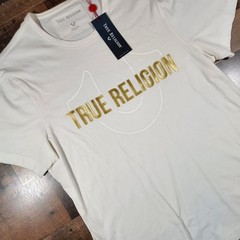 True Religion Shirt Men Large White Optic Tee Gold Metallic Logo Print New