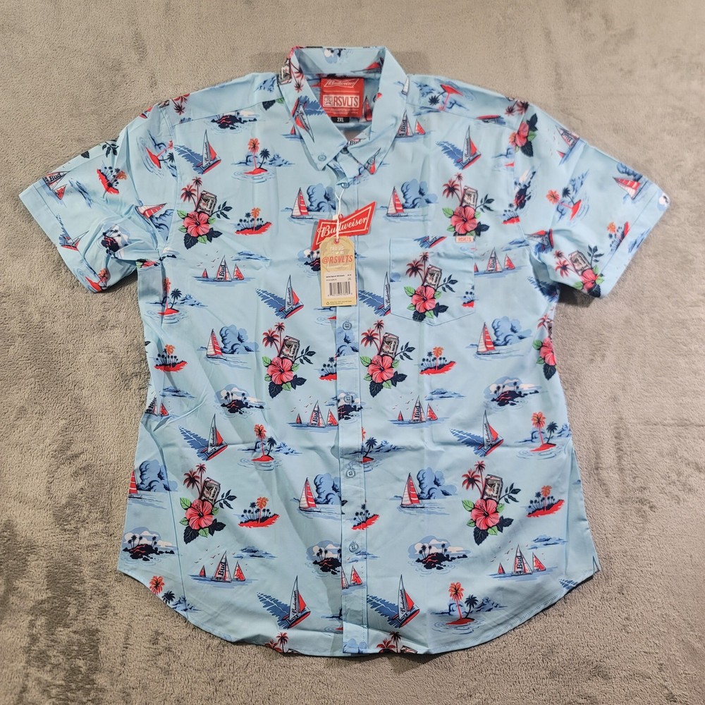 RSVLTS Shirt Mens Size 2XL Regatta Have A Bud Short Sleeve Button Down Blue