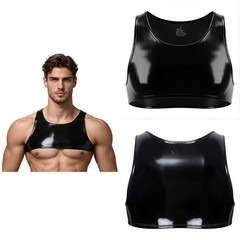 US Men Nightclub Sleeveless Clubwear Glossy Crop Top Party Vest Neck T-Shirts PU