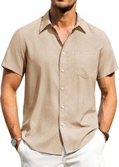 Men’s Linen Shirt Short Sleeve Button Down Wrinkle Free Casual Summer Beach Top