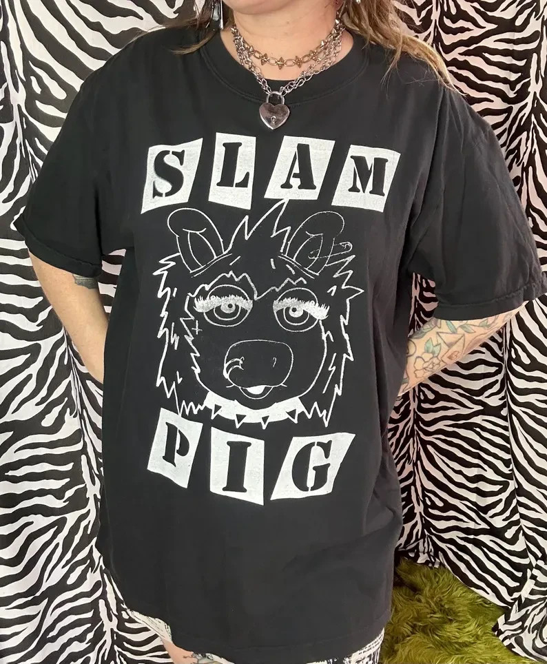 Slam Pig Punk Miss Piggy Upcycled Screen Printed Black T Shirt