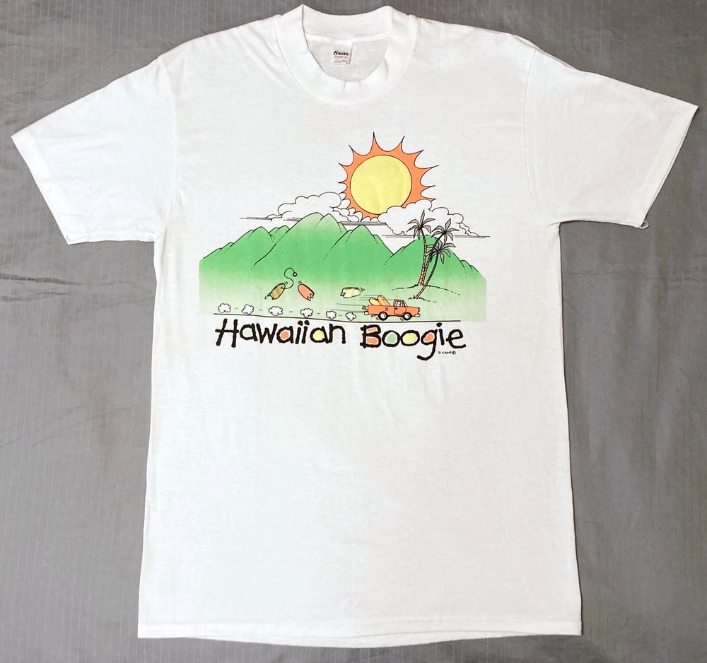 RARE Vintage 1980’s “Hawaiian Boogie” Graphic Print Surfer T-Shirt by D.Char – L