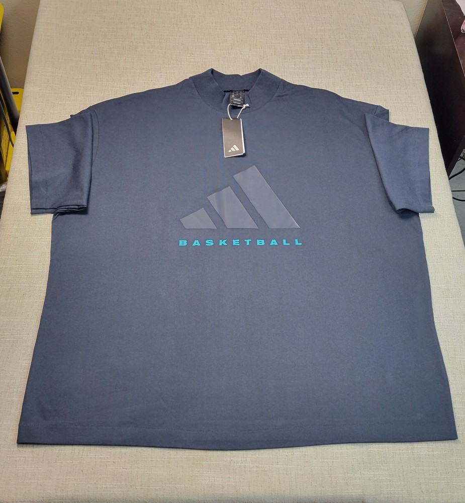 Adidas Basketball Tshirt XL Unisex Blue Aurora Ink Logo Tee High Neck