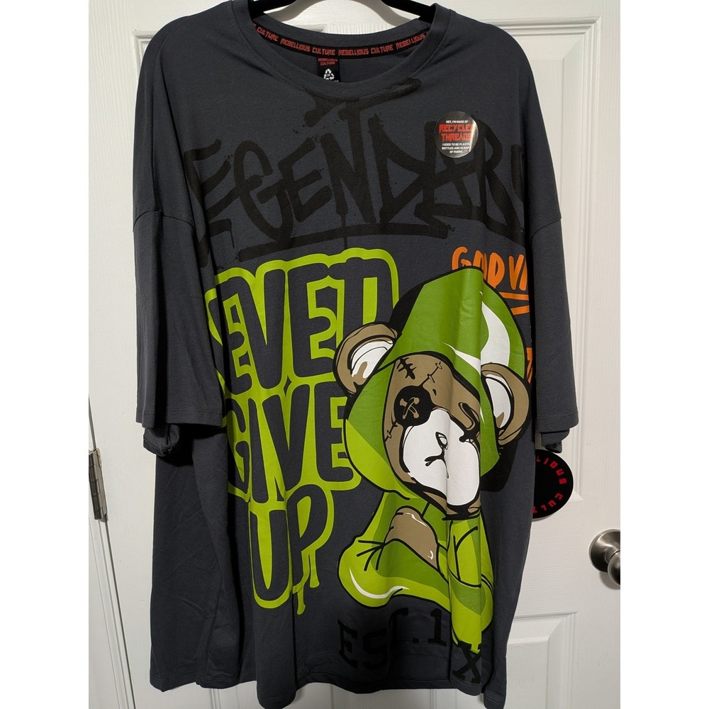 Rebellious Culture Men’s T-Shirt Sz 3X Never Give Up Legend Neon Green Bear NWT