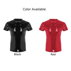 Shiny Faux Leather Mens T Shirt Top For Clubwear In Wet Look PVC for material
