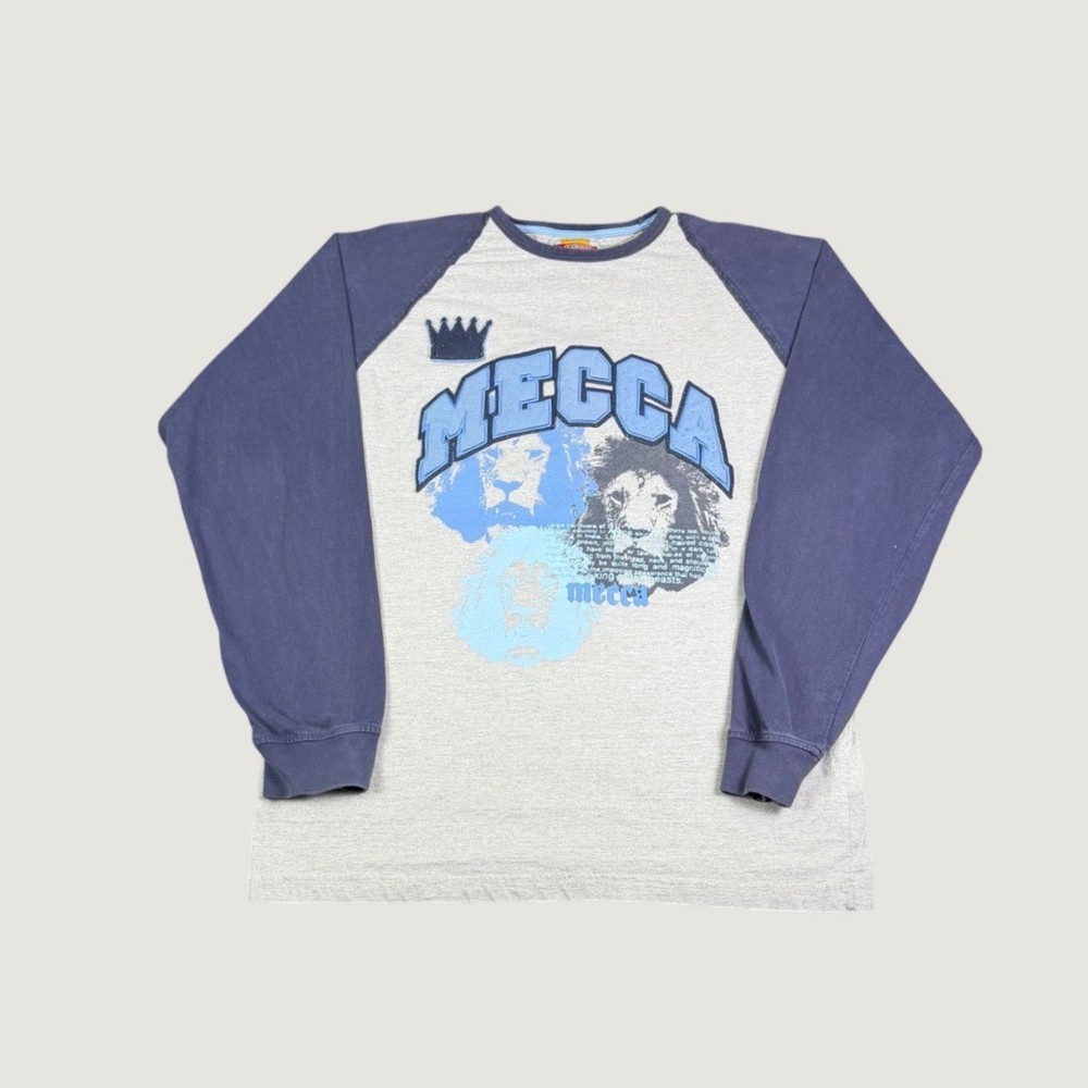 Vintage Mecca USA Shirt Mens Large Grey Navy Blue Lion Graphic Raglan 84