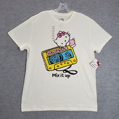 Hello Kitty Men Shirt XL Cream Logo Mix It Up Tape Graphic Short Sleeve Tee NWT
