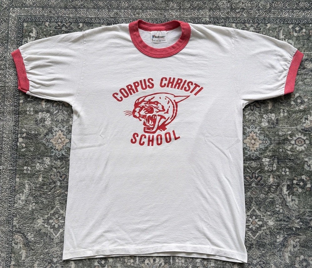 Vtg 80s Corpus Christi Cougar Ringer T Shirt Paper Thin White Red Mens Medium